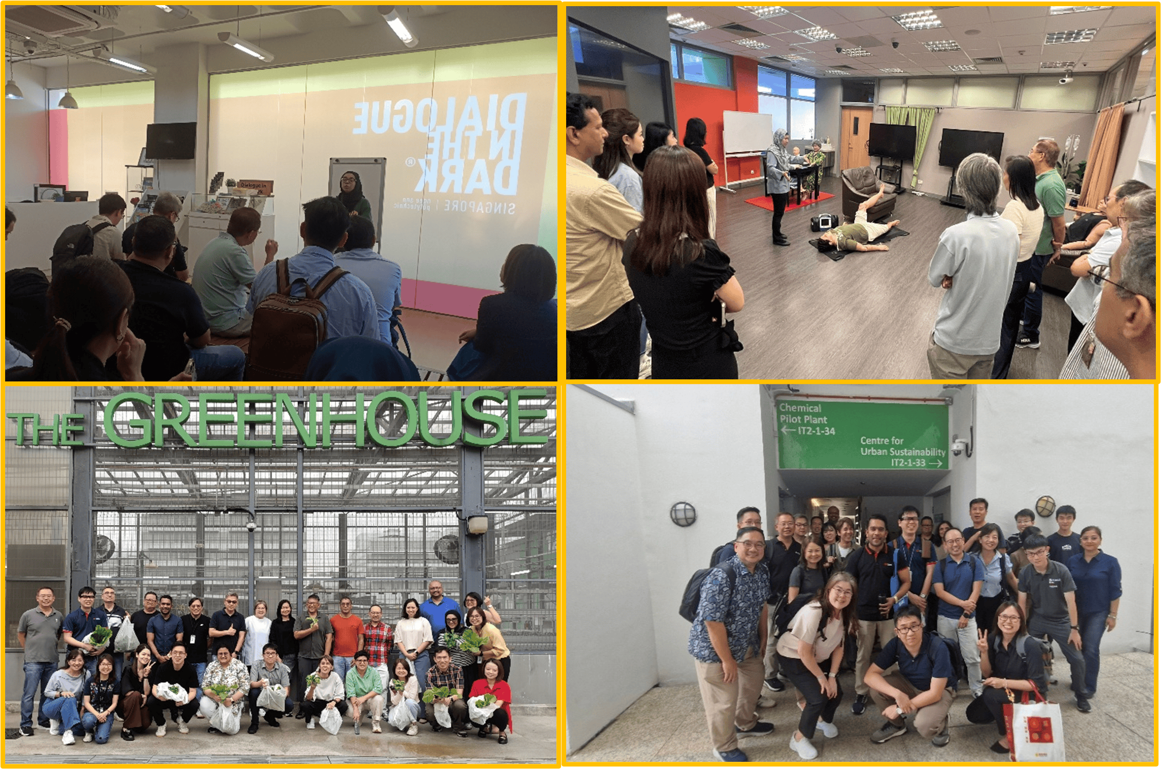 Clockwise from top left: Learning journeys to various facilities across polytechnics, beginning with Dialogue in the Dark, NP (22 Aug 2025);  Paramedicine Simulation Laboratory, School of Health and Social Sciences, NYP (10 July 2025); The Greenhouse, RP (19 Sep 2025) and School of Applied Science, TP (10 Oct 2025).